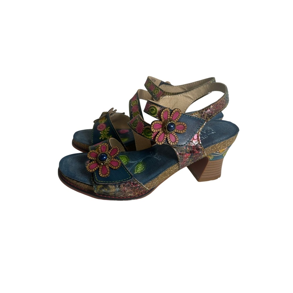 L'Artiste Spring Step Floral Sandals Women 41 Blue Multi Excellent Hand Painted
